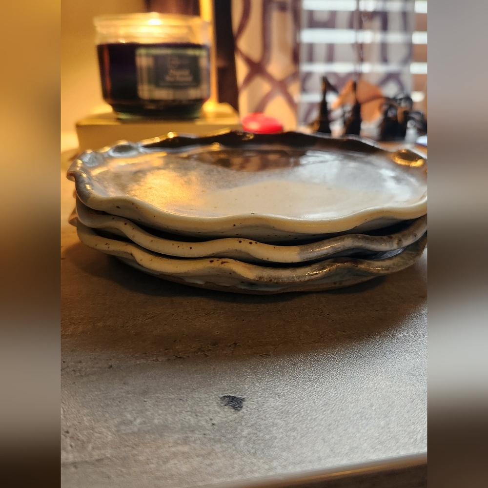 3 Handmade Ceramic Scalloped Brwn,Bl,cream Glazed Dessert Plates.